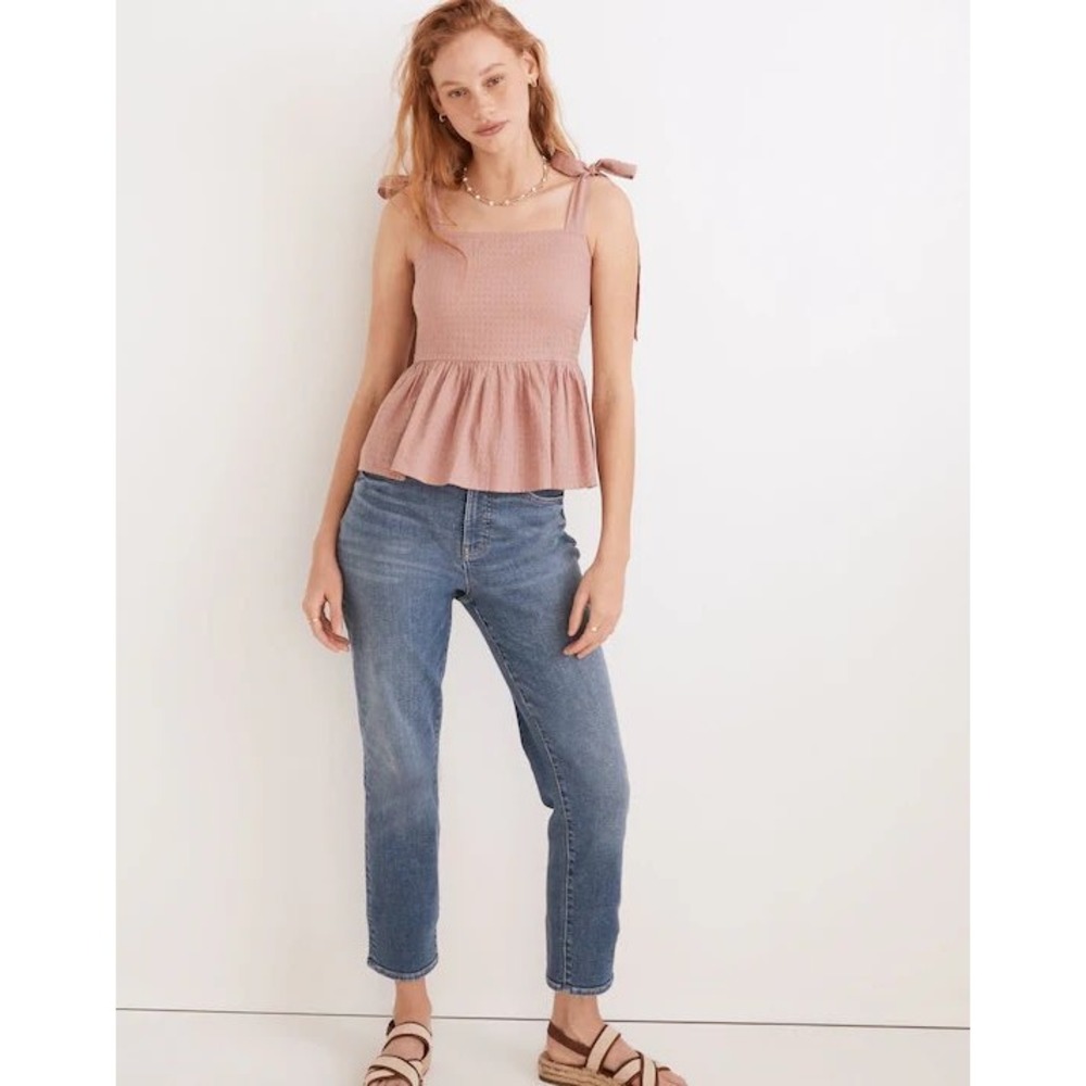 Madewell Tie-Shoulder Peplum Cami Top Pink Clip Dot Smocked Babydoll L